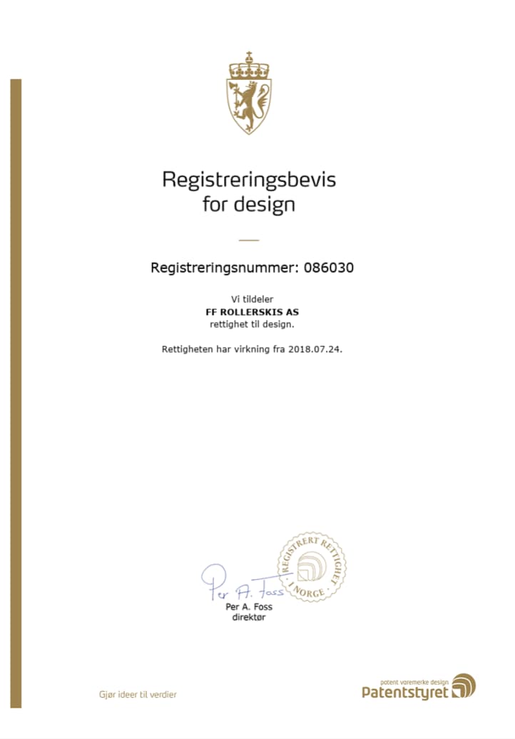 Sertifikat for designregistrering av det patenterte v-sporet fra FF Rollerskis som sikrer unik stabilitet og ytelse.