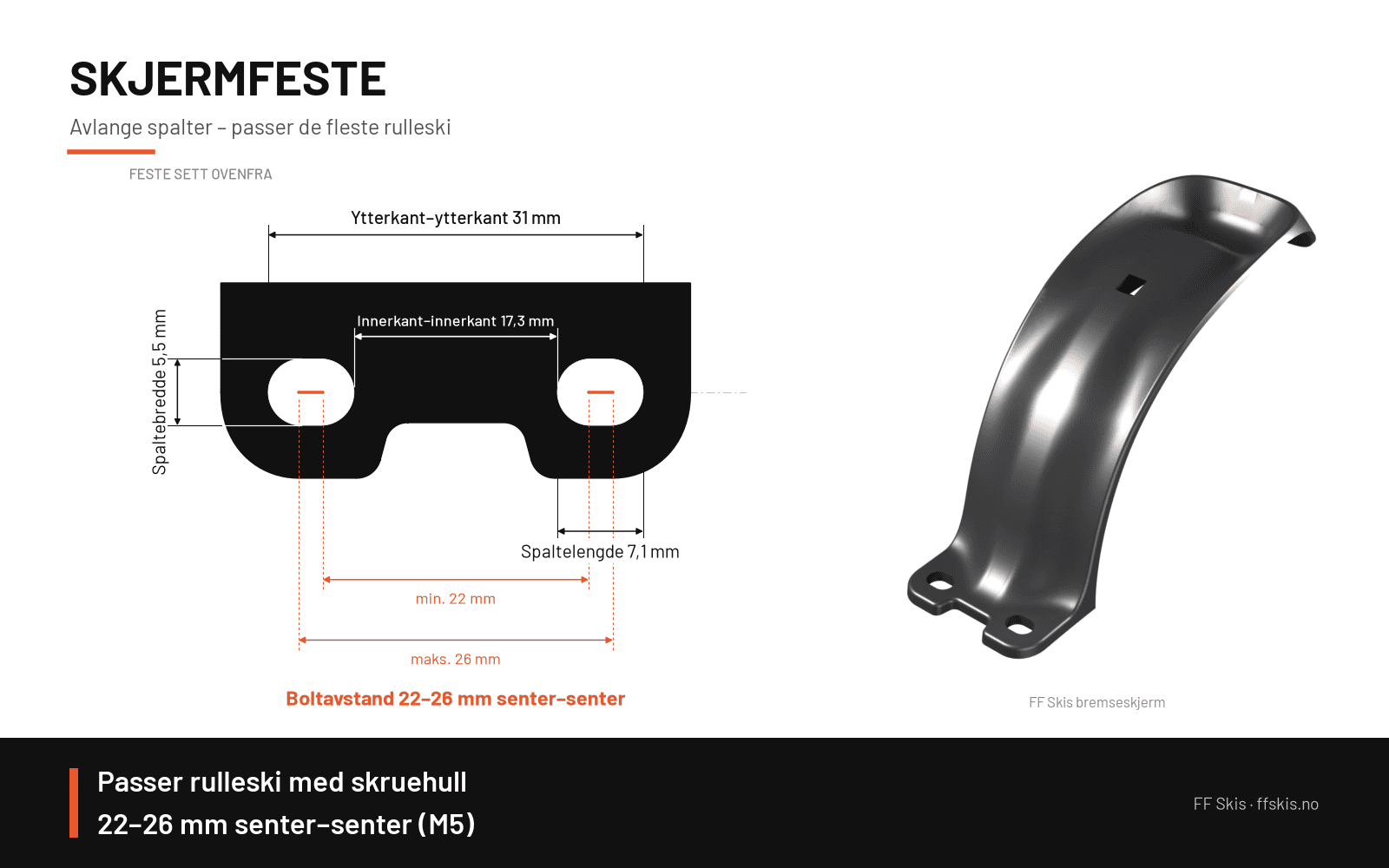 Skjermfeste fra FF Skis sett ovenfra med to avlange spalter – passer rulleski med 22–26 mm hullavstand (M5)