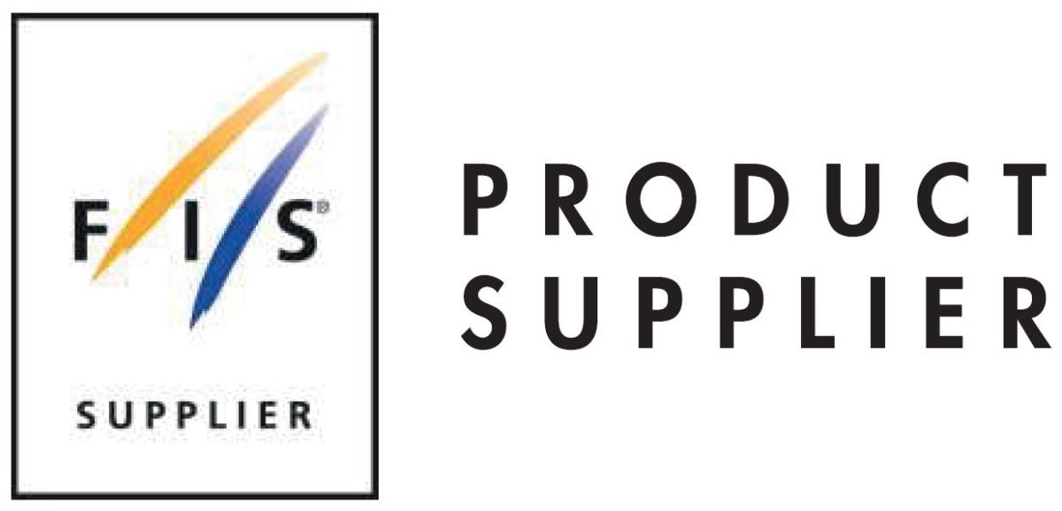 FIS logo med teksten product supplier sort ramme og to logo streker i gul og blå